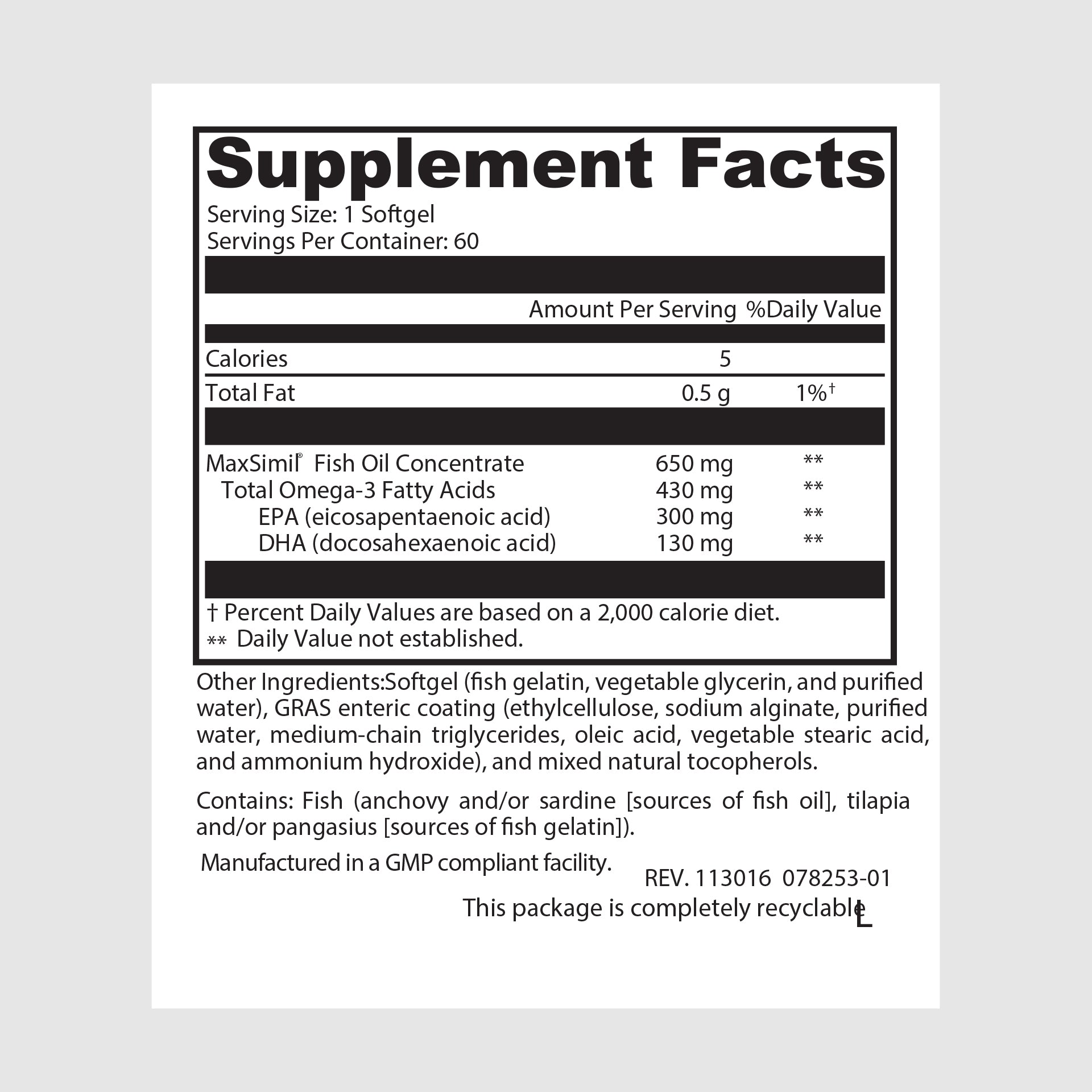 Supplement facts label for Mono Omega 650 EC, featuring EPA and DHA for overall wellness and inflammation control.