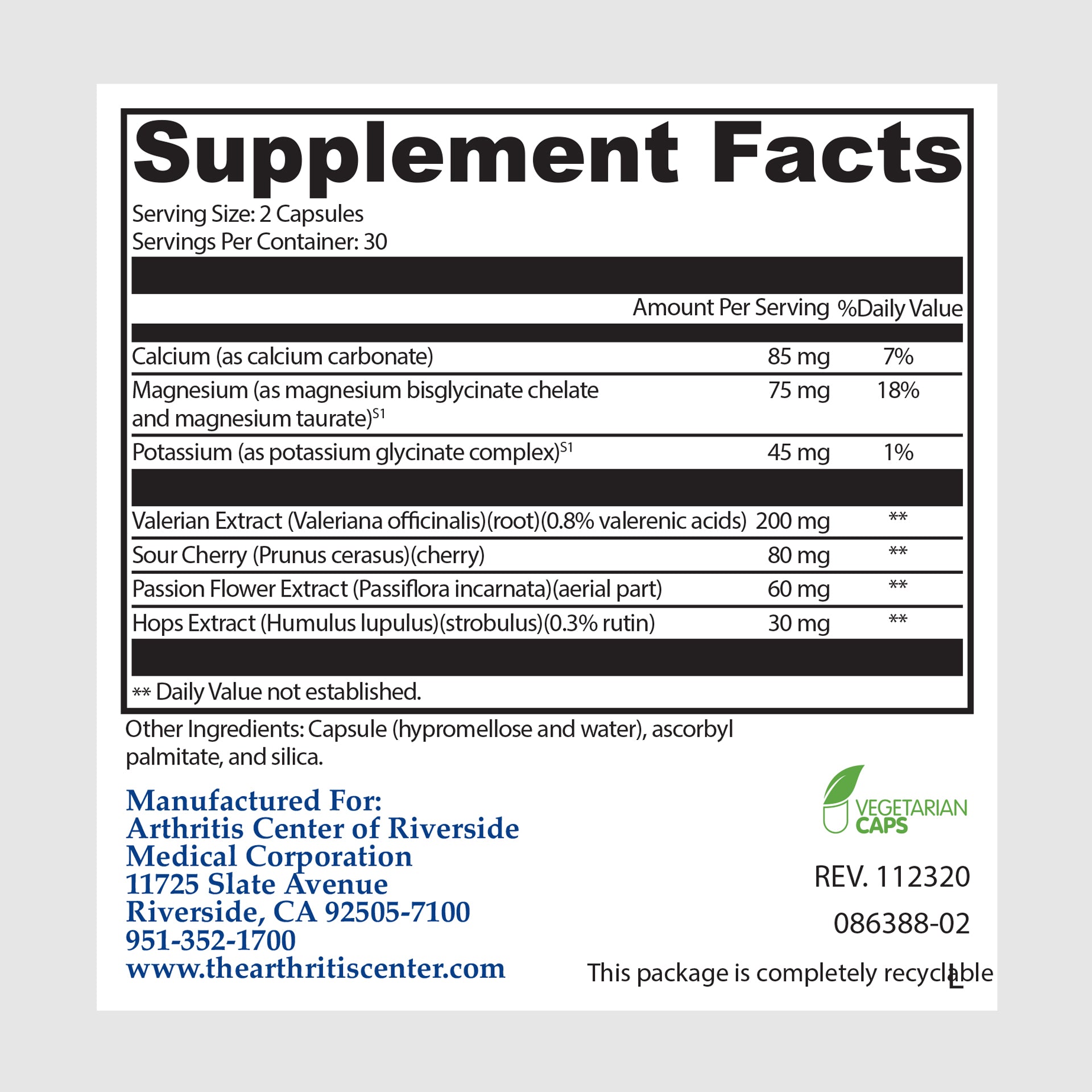 Supplement facts label for Muscle Relax, showing ingredients for muscle relaxation and nervous system support.