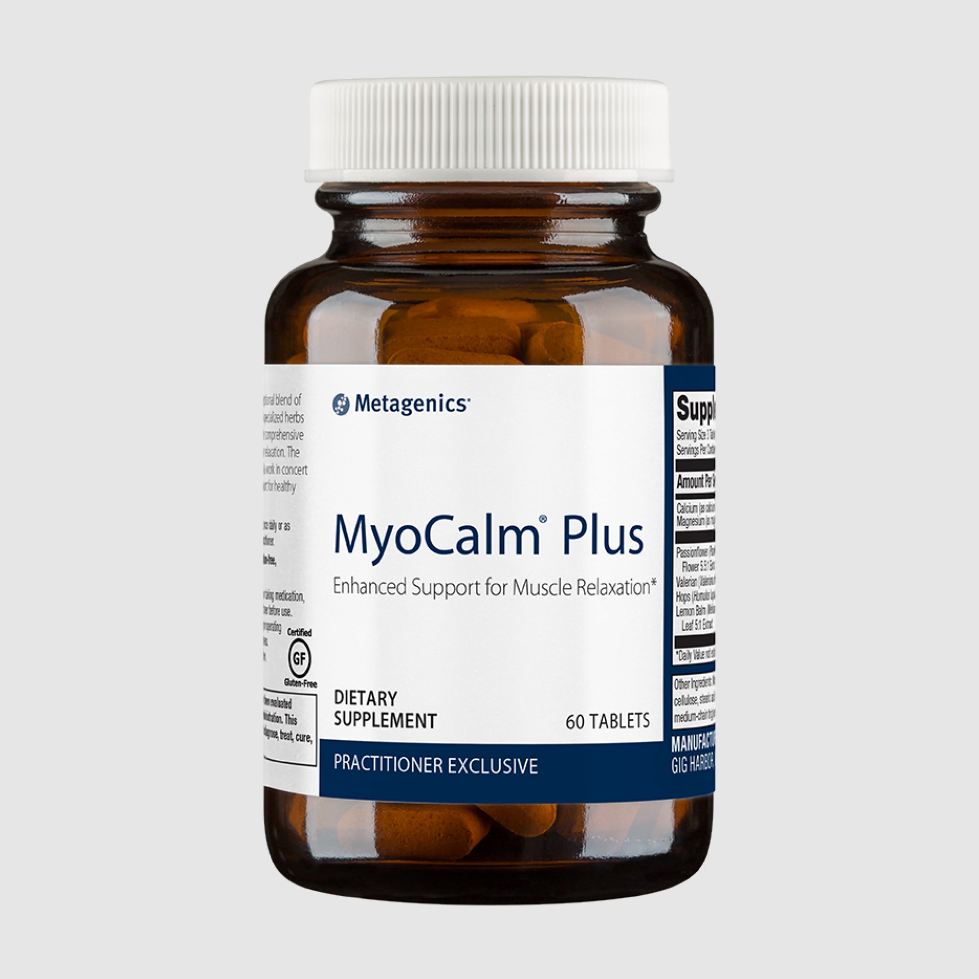 MyoCalm supplement bottle with 60 tablets, formulated for muscle relaxation and tension relief.