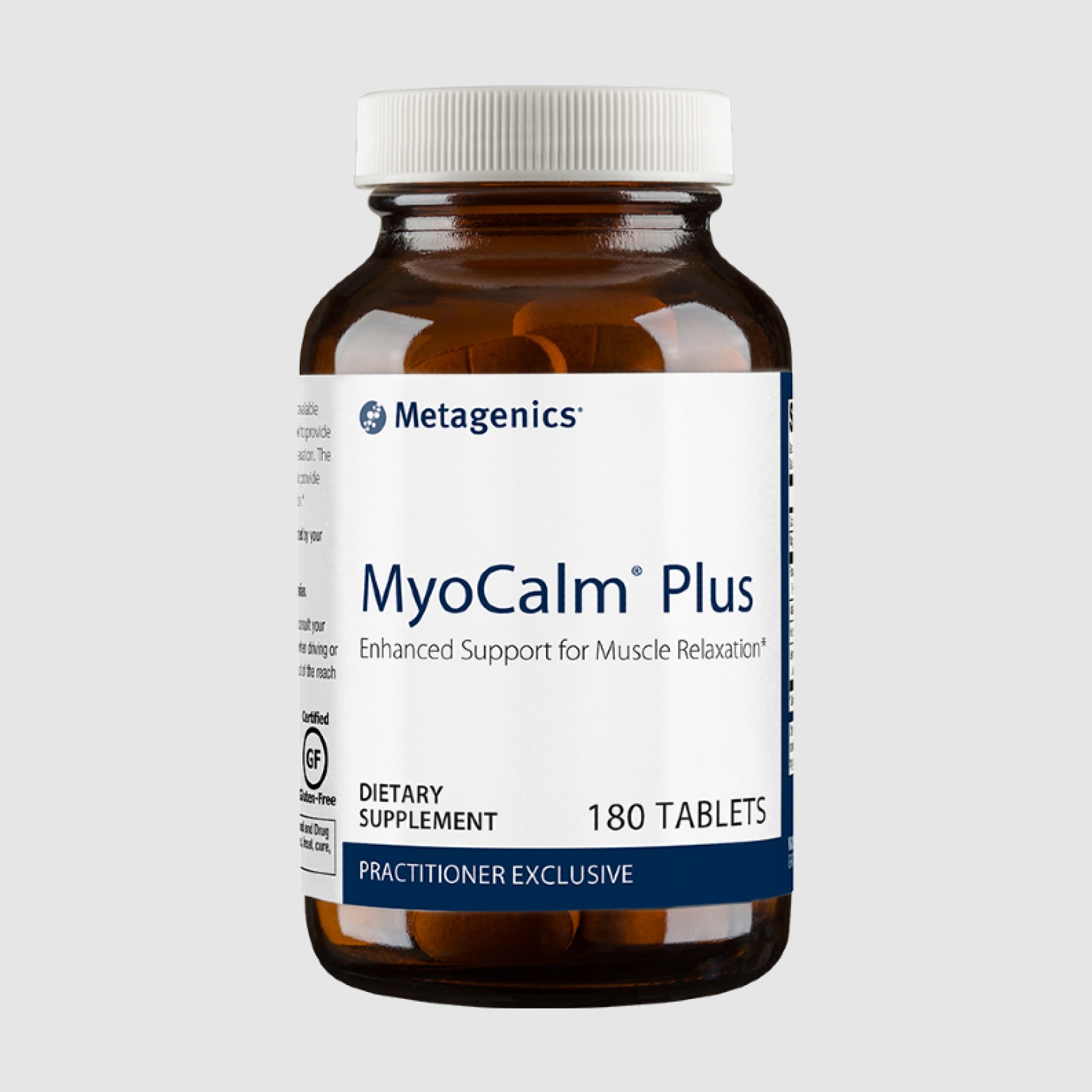 MyoCalm Plus supplement bottle with 180 tablets, designed to support muscle relaxation and neuromuscular function.