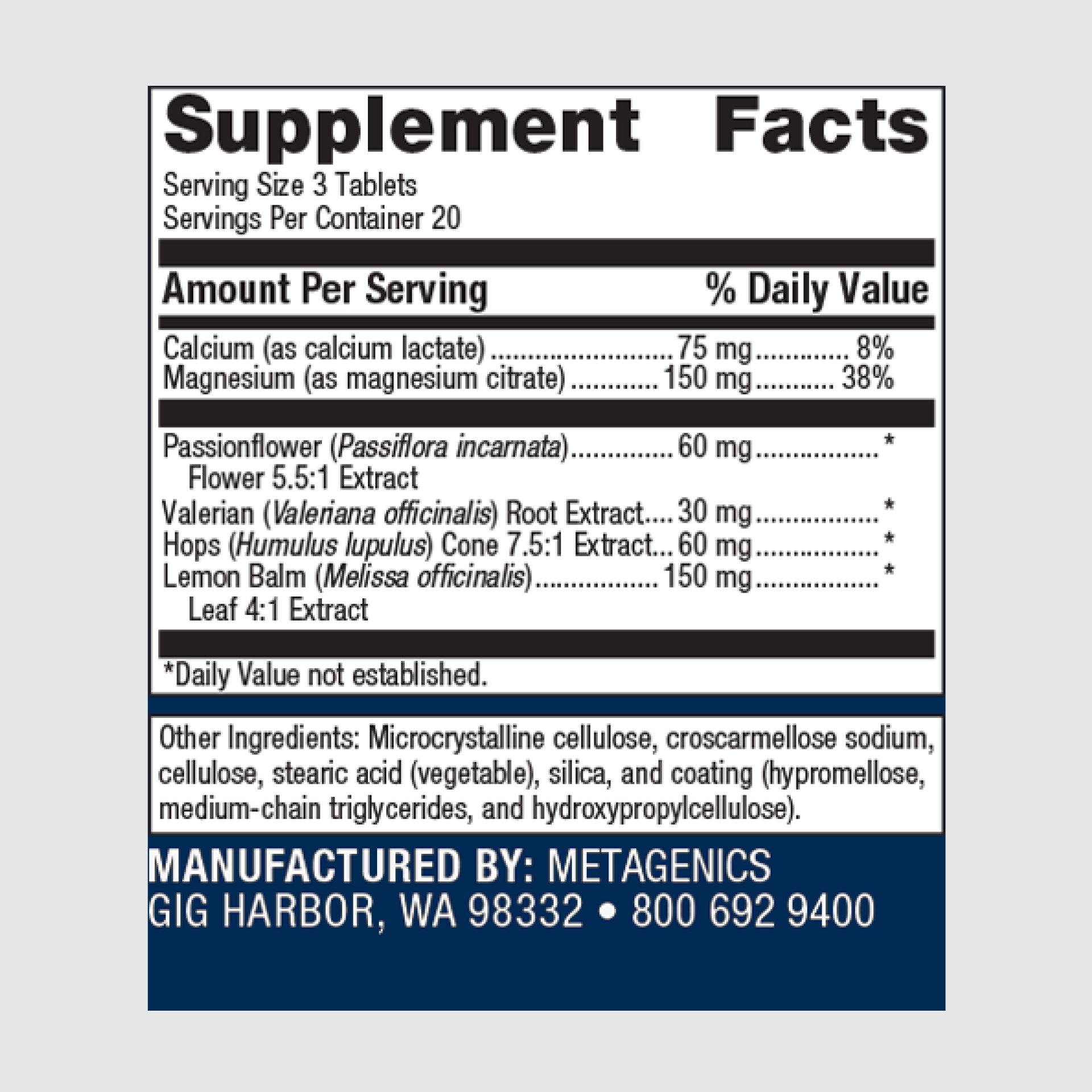 Supplement facts label for MyoCalm Plus, detailing magnesium and herbal extracts for muscle relaxation.