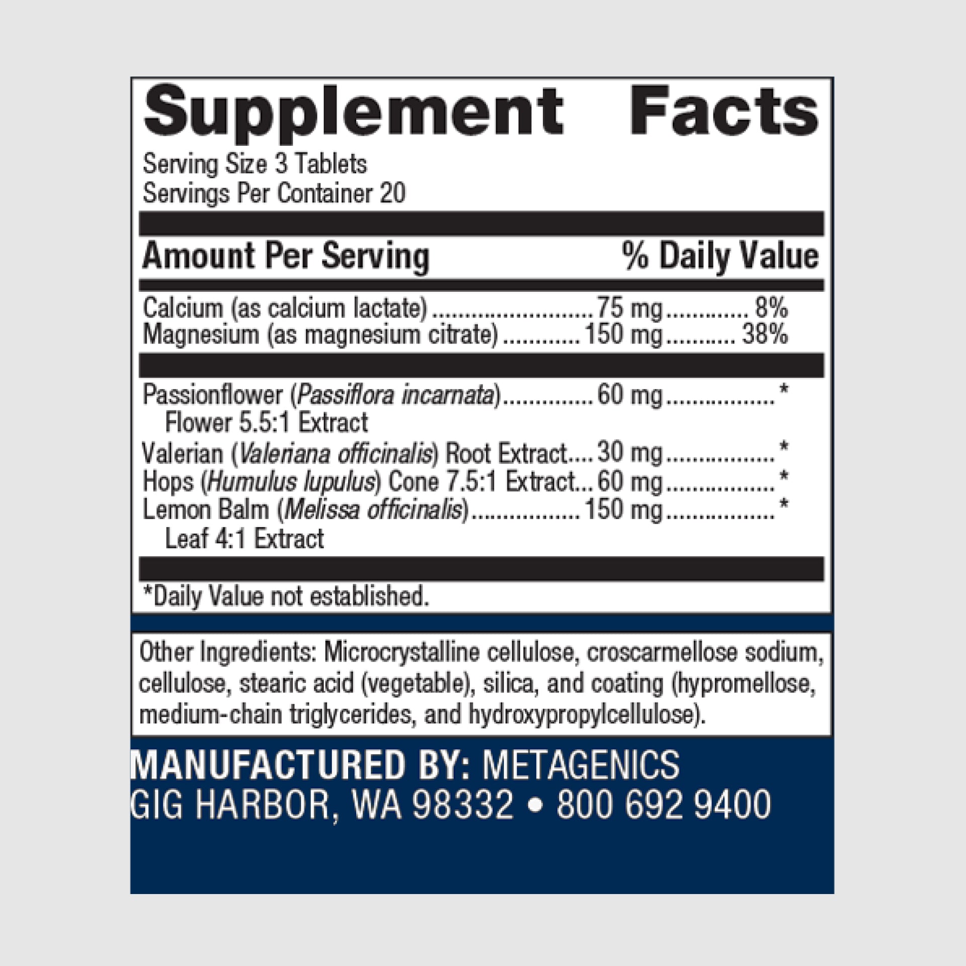 Supplement facts label for MyoCalm Plus, listing essential minerals and botanicals for muscle and nervous system support.
