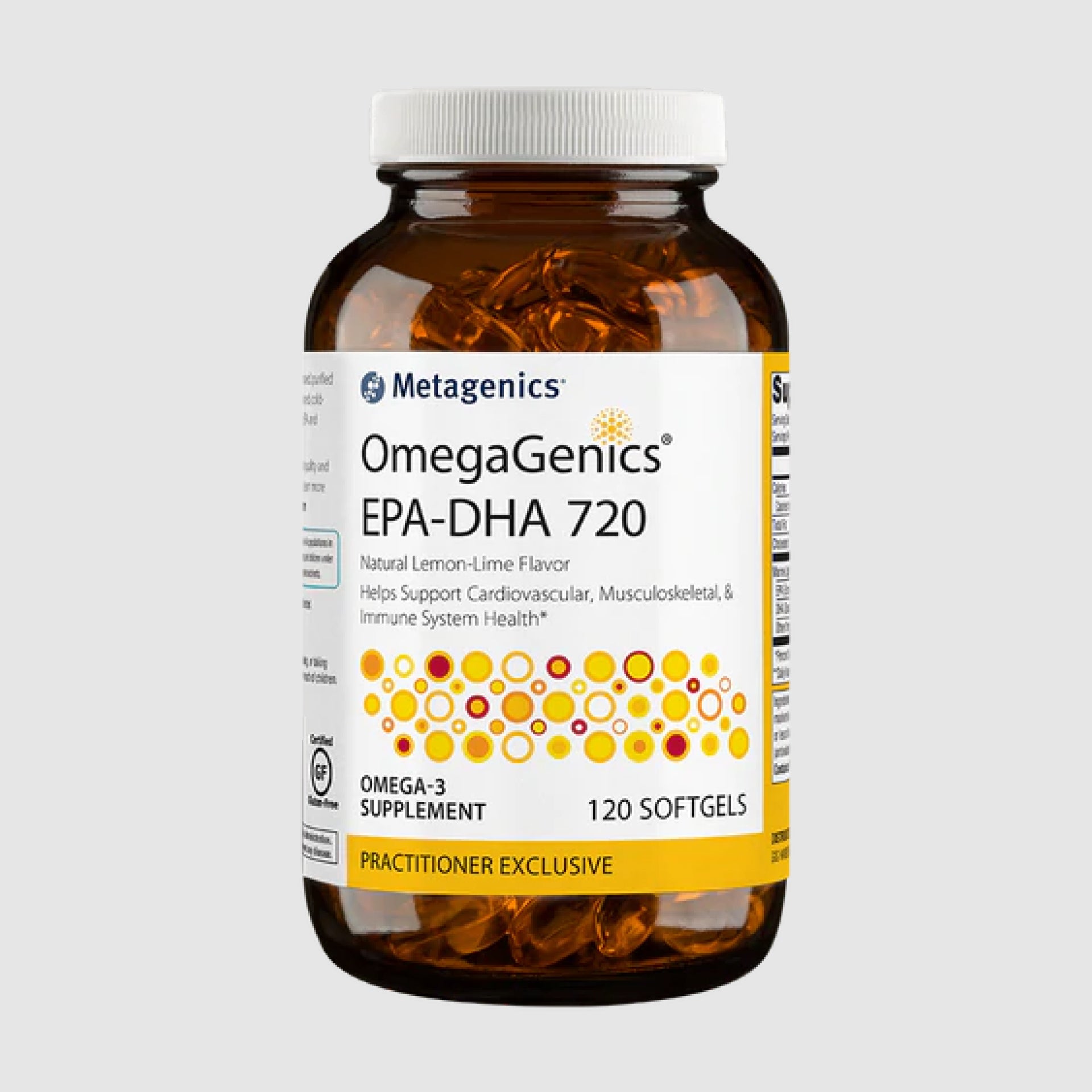 OmegaGenics EPA-DHA 720 supplement bottle with 120 softgels, designed to support heart, brain, and joint health with high-concentration omega-3s.