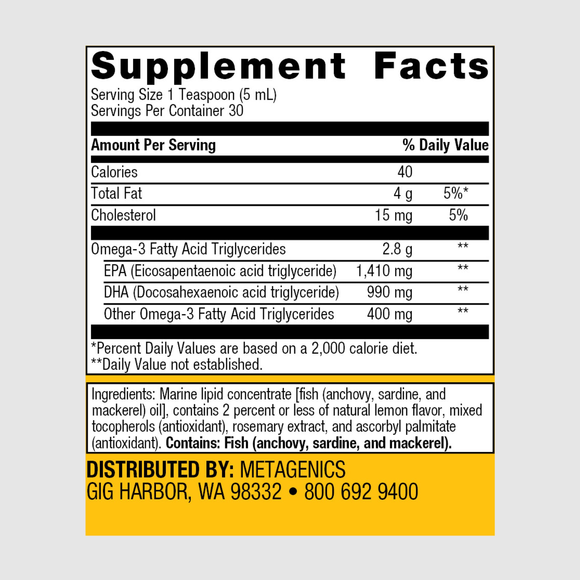Supplement facts label for OmegaGenics EPA-DHA Balanced Liquid, listing EPA and DHA concentrations for optimal health.