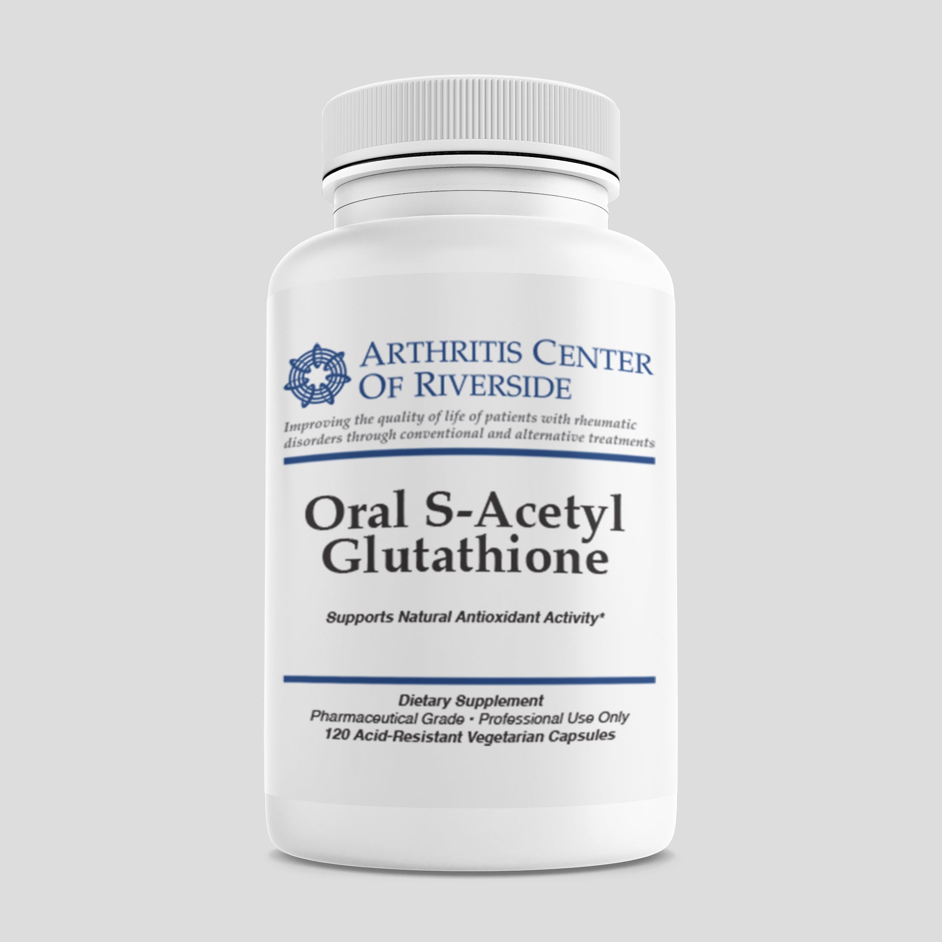 Oral S-Acetyl Glutathione supplement bottle with 120 capsules, supporting detoxification and antioxidant defense.