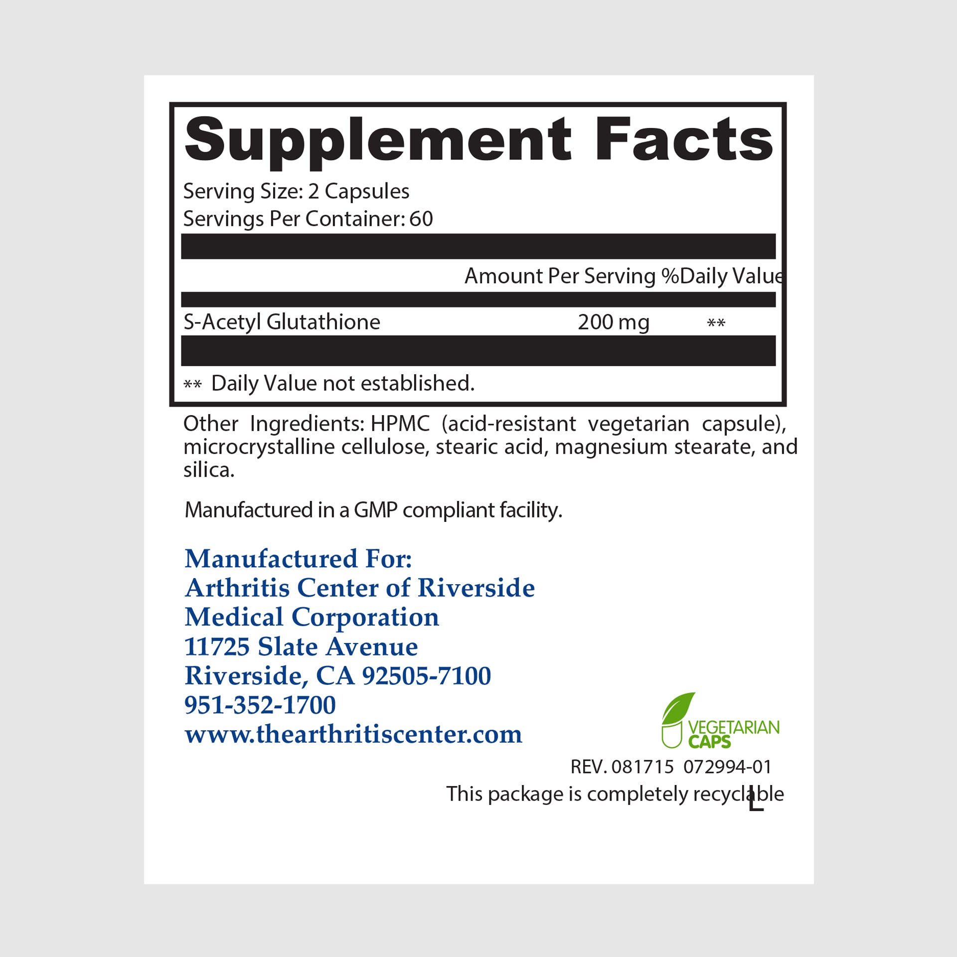 Supplement facts label for Oral S-Acetyl Glutathione, detailing ingredients for immune and cellular health.