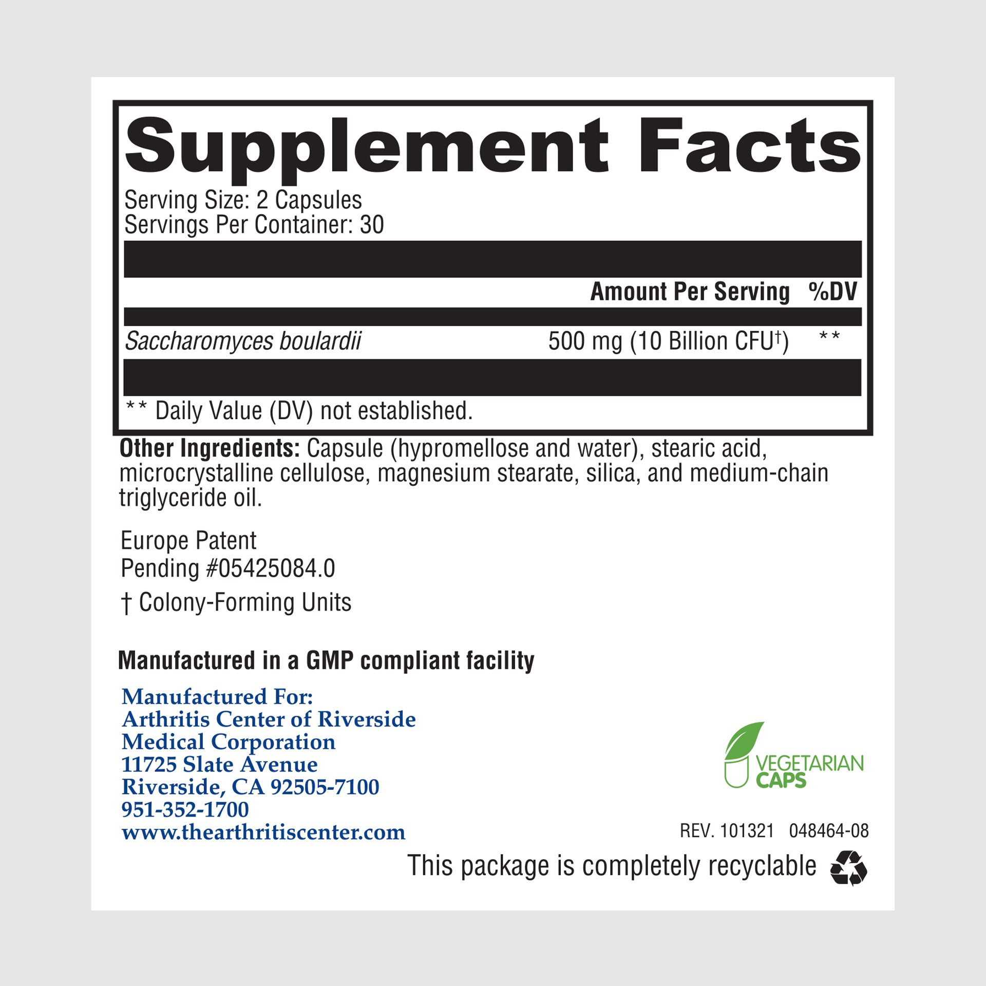 Supplement facts label for Saccharomyces, highlighting probiotic yeast for digestive and immune support.
