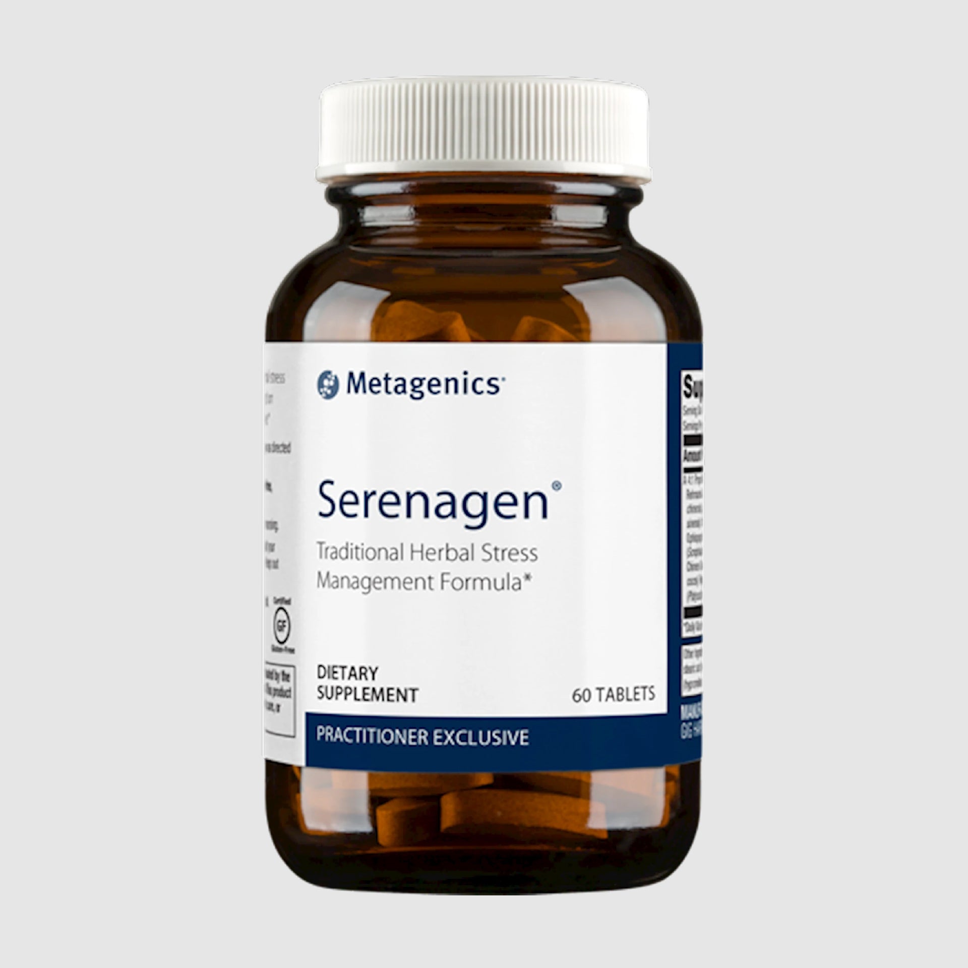 Serenagen supplement bottle with 60 tablets, providing herbal support for stress and adrenal function.