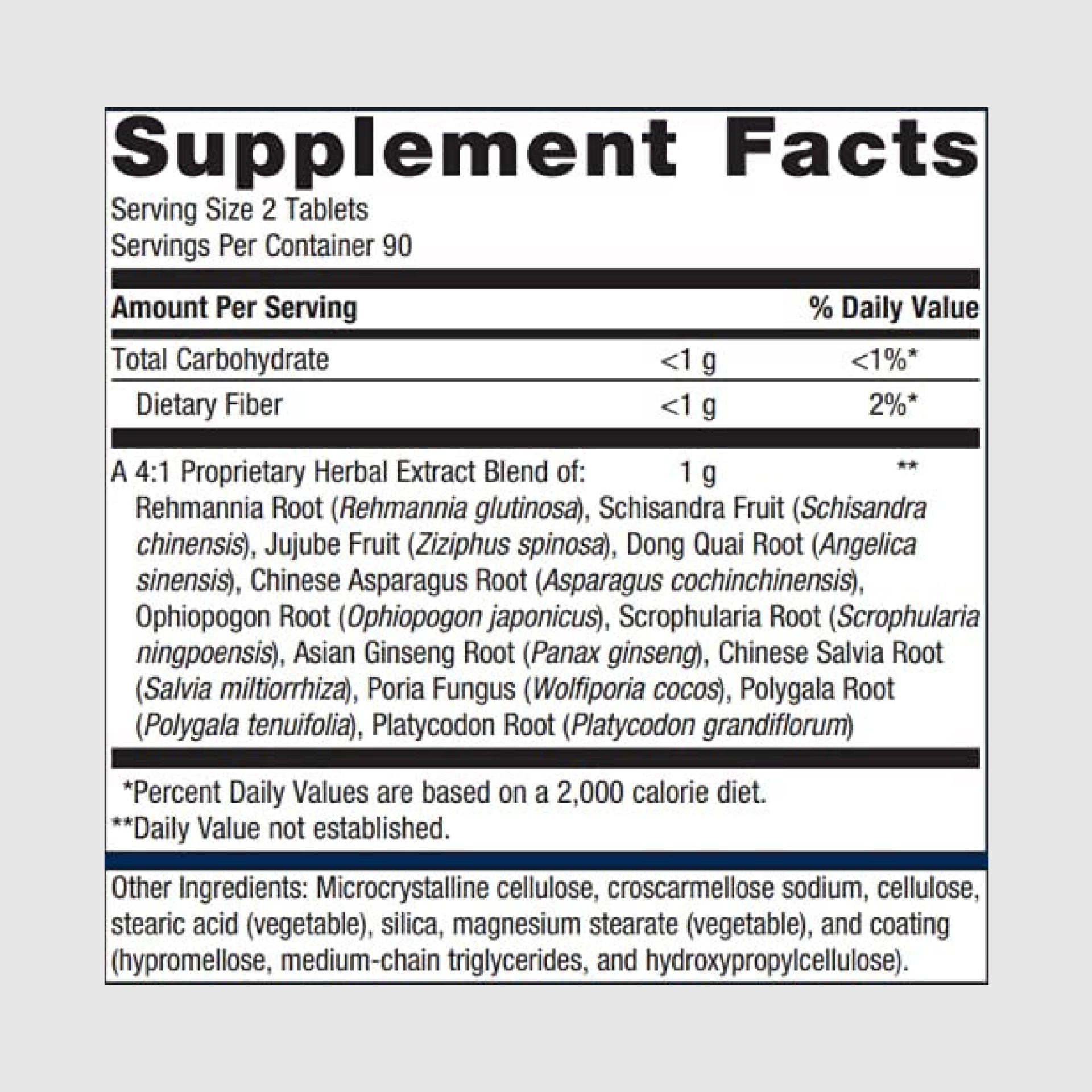 Supplement facts label for Serenagen, listing adaptogenic herbs for stress resilience and emotional balance.
