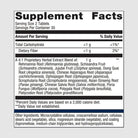 Supplement facts label for Serenagen, detailing key botanicals for managing stress and promoting relaxation.