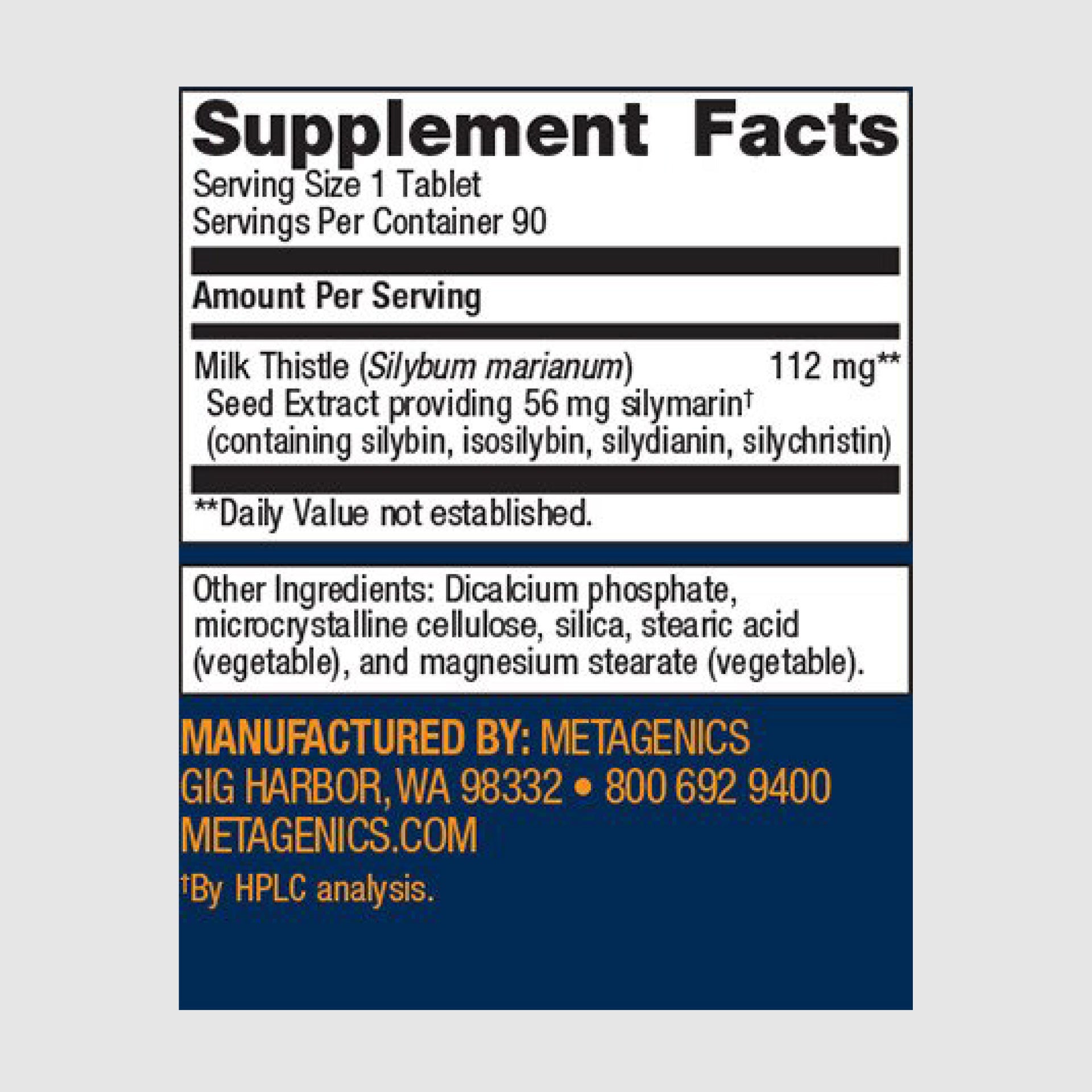 Supplement facts label for Silymarin 80, showing milk thistle extract for liver function and antioxidant support.