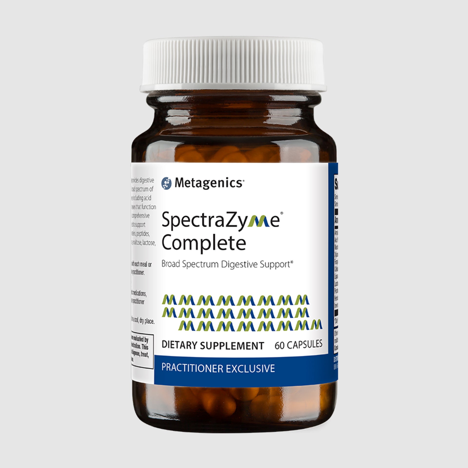SpectraZyme supplement bottle with 60 tablets, formulated to support digestion and enzyme activity.