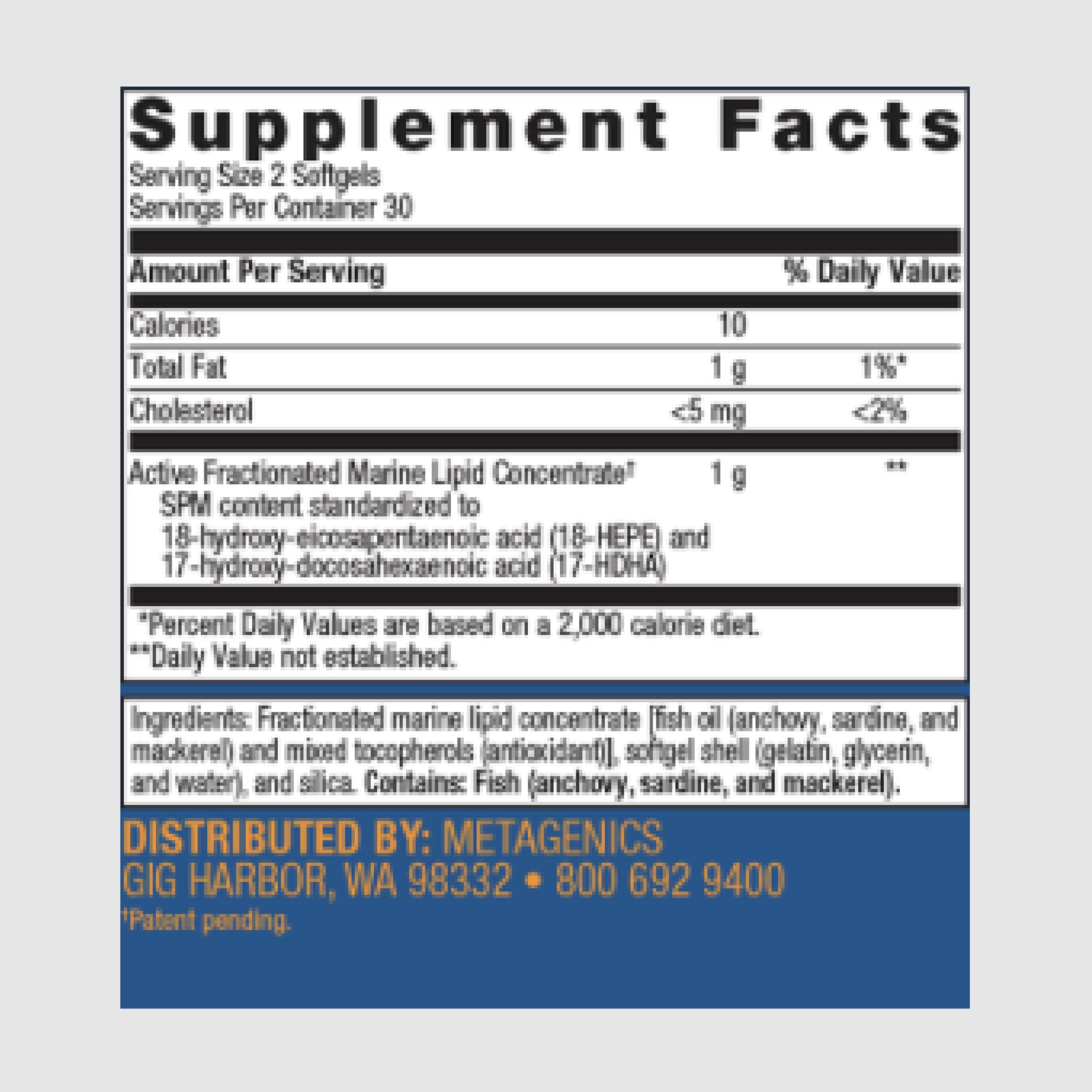 Supplement facts label for SPM Active, listing specialized pro-resolving mediators for immune and inflammatory response.