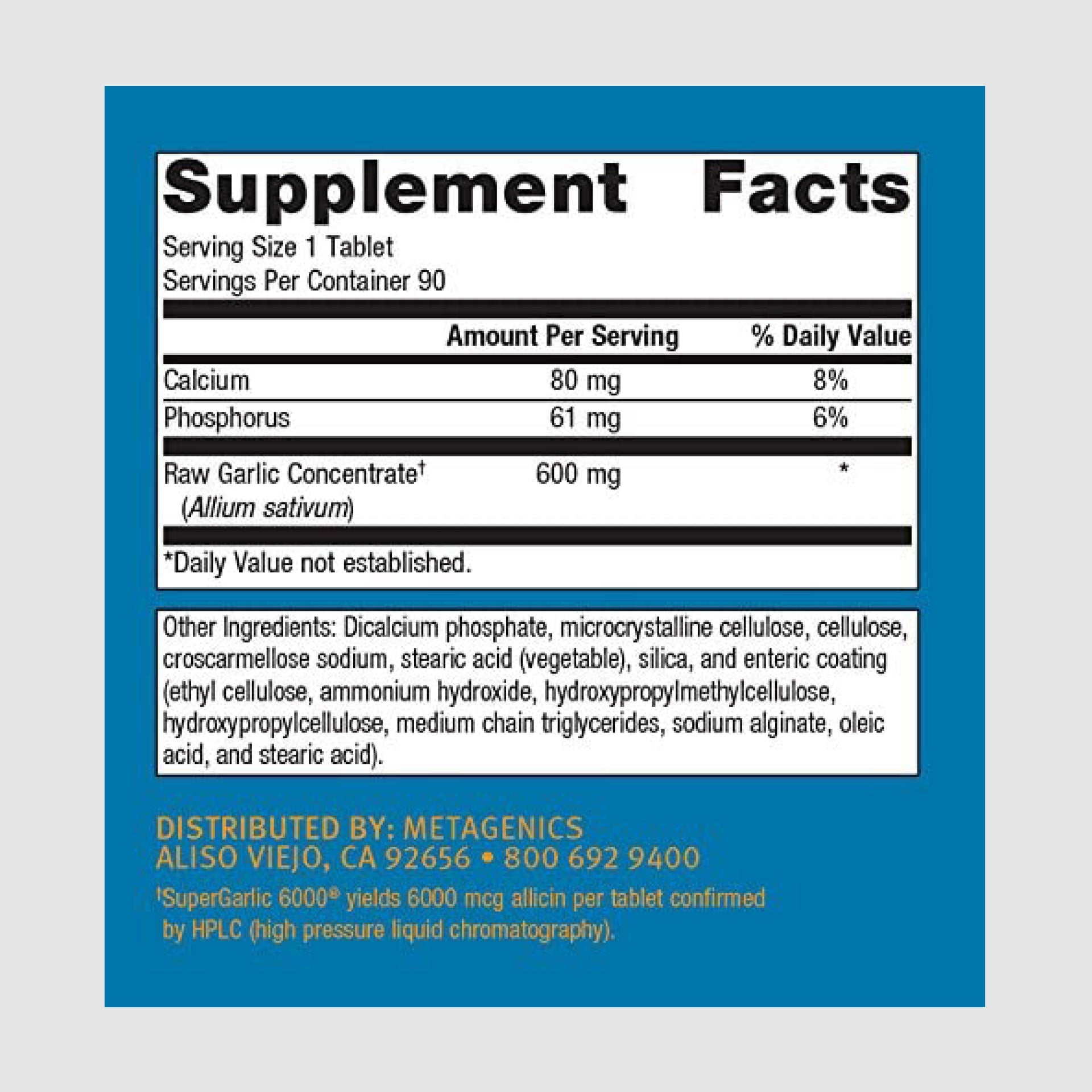 Supplement facts label for Super Garlic, listing allicin-rich garlic extract for heart and immune support.