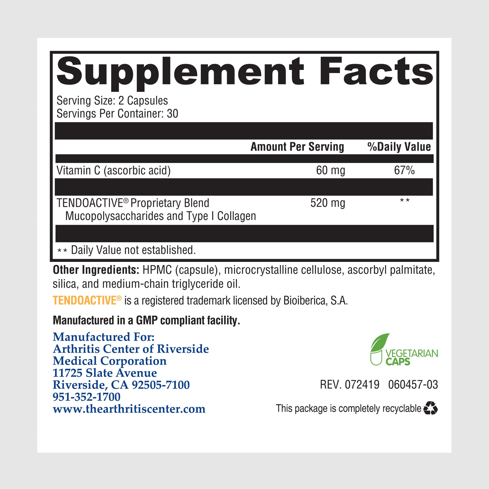 Supplement facts label for Tendon & Ligament Support, listing collagen, vitamin C, and essential minerals for tissue repair.