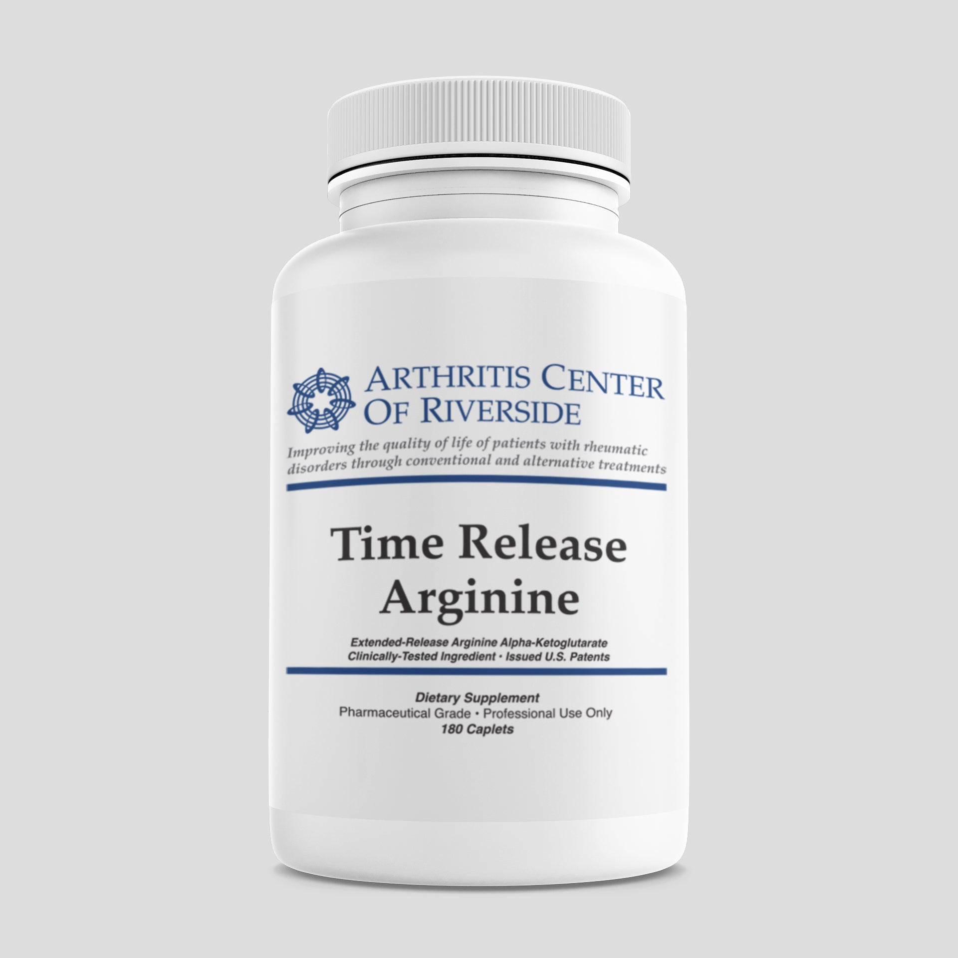 Time Release Arginine supplement bottle with 180 capsules, providing sustained nitric oxide support for cardiovascular and muscle function.