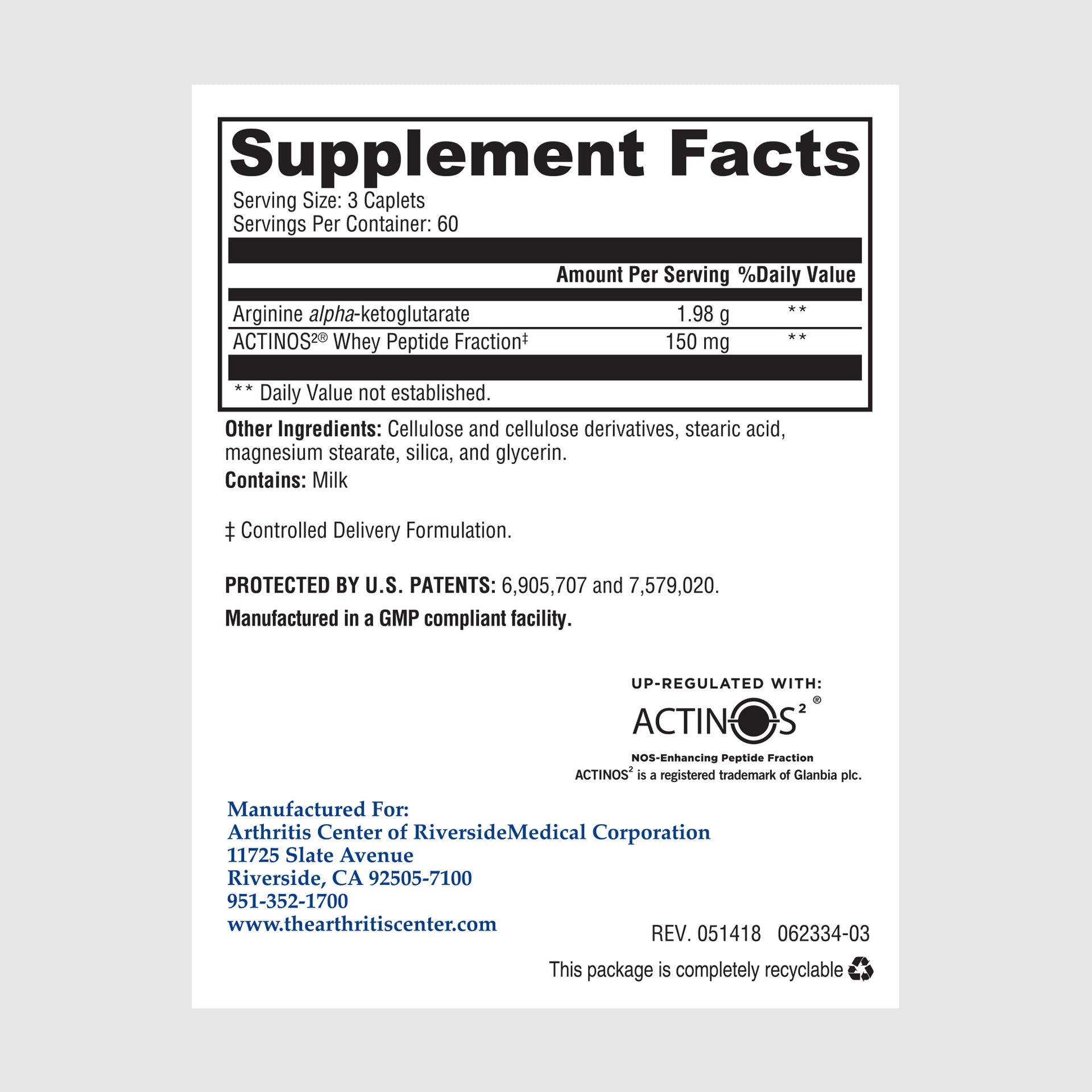 Supplement facts label for Time Release Arginine, highlighting L-arginine for circulation, endurance, and heart health.