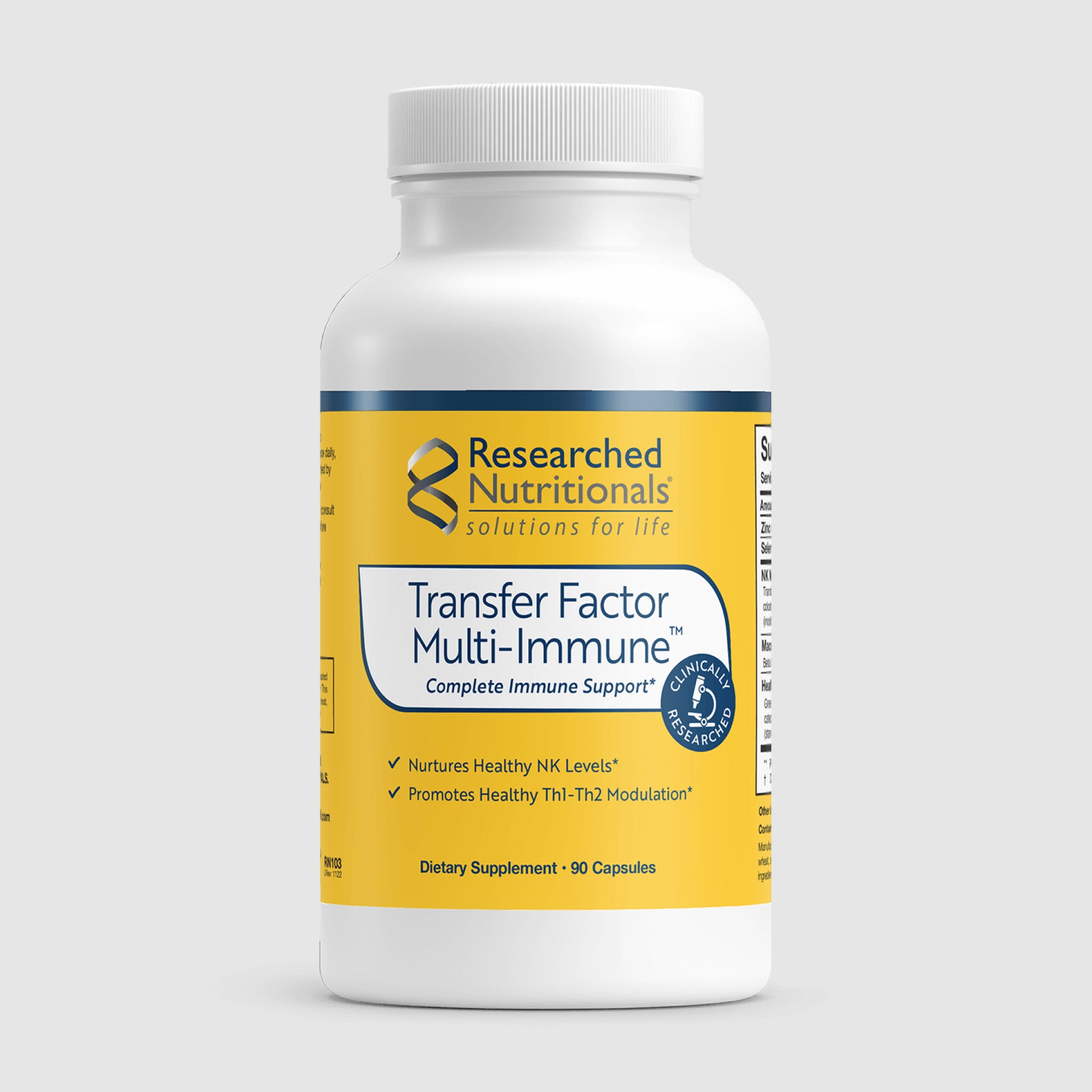 Transfer Factor Multi-Immune supplement bottle with 90 capsules, formulated to enhance immune system response and resilience.