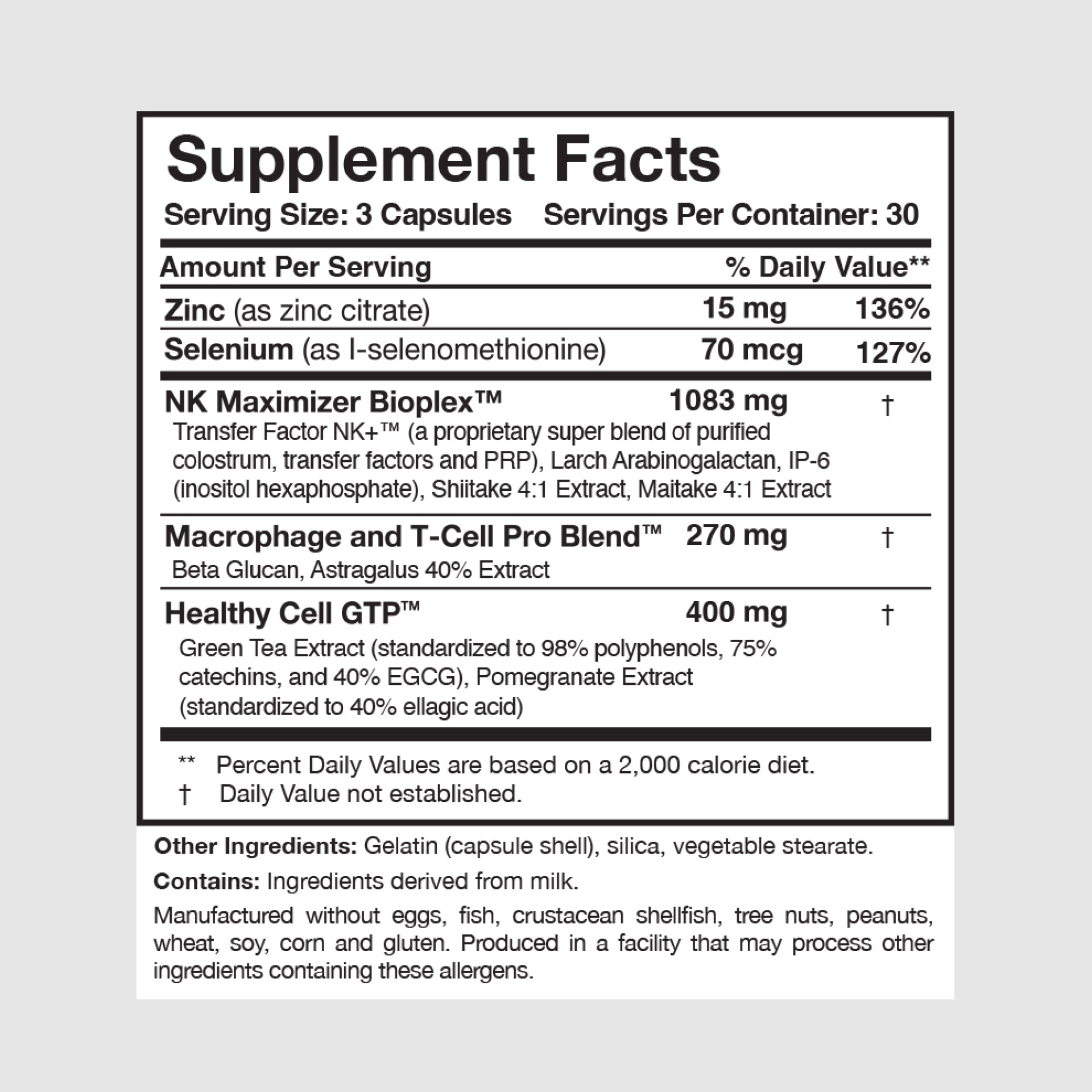 Supplement facts label for Transfer Factor Multi-Immune, listing immune-supportive peptides and nutrients.