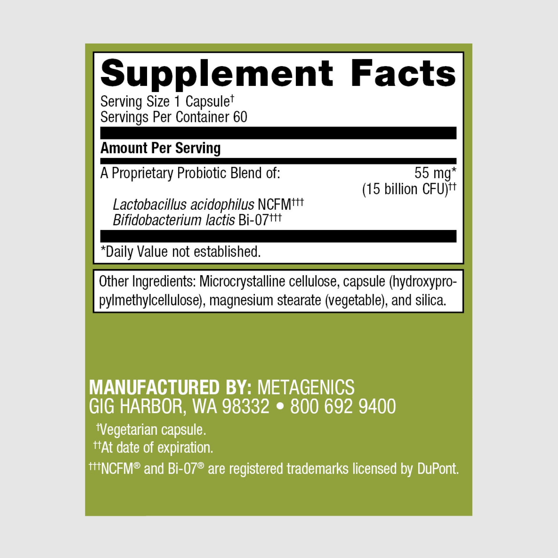 Supplement facts label for Ultra Flora Balance, detailing probiotic strains for gut microbiome balance.