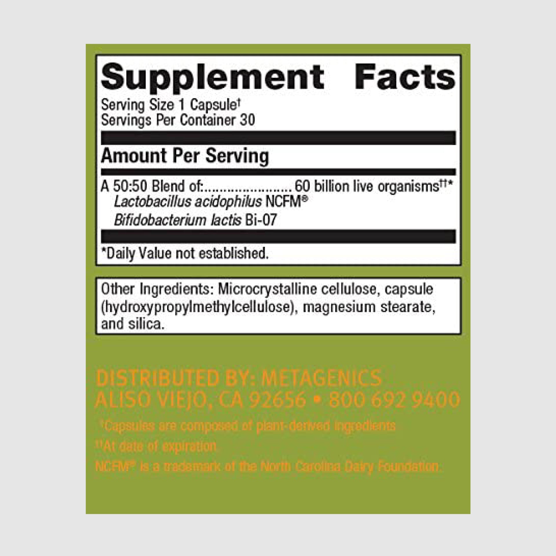 Supplement facts label for Ultra Flora IB, showing targeted probiotic strains for digestive comfort.