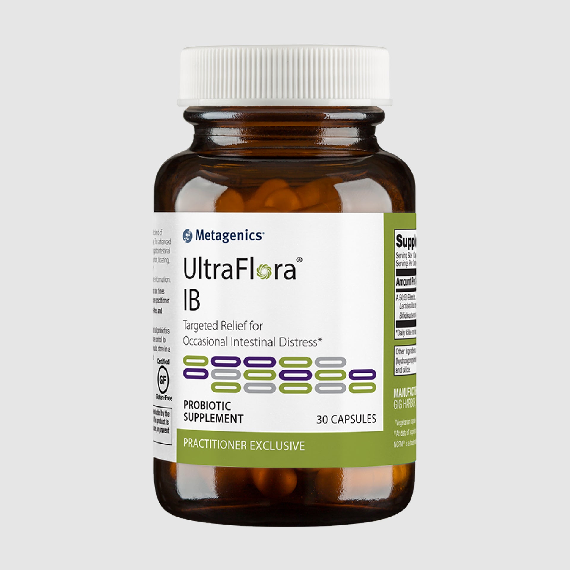 Ultra Flora IB probiotic supplement bottle, formulated to promote intestinal health and reduce gut inflammation.