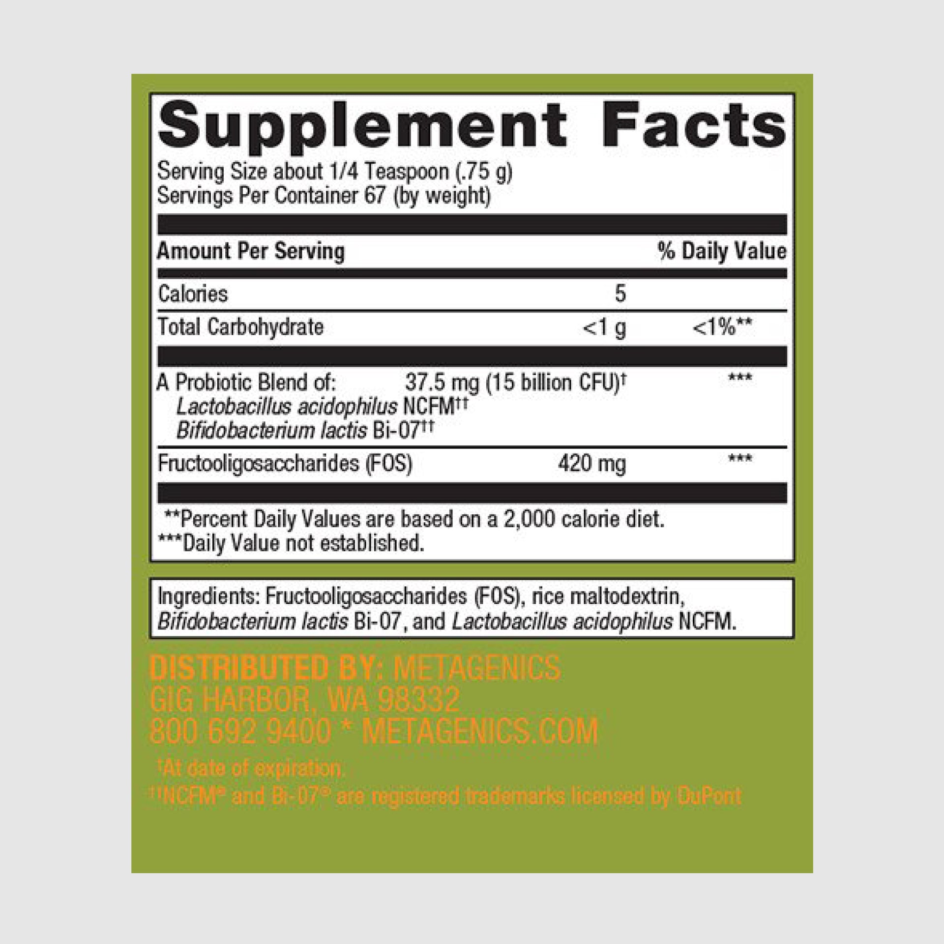 Supplement facts label for Ultra Flora Synergy, listing multiple probiotic strains for gut and immune function.