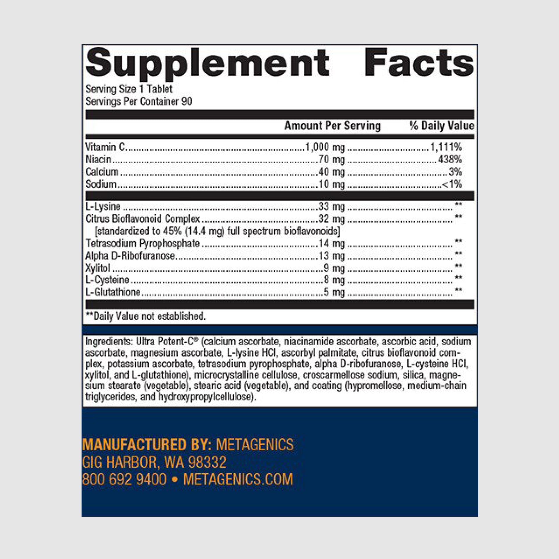 Supplement facts label for Ultra Potent-C 1000mg, showing high-dose vitamin C with bioflavonoids for enhanced absorption.