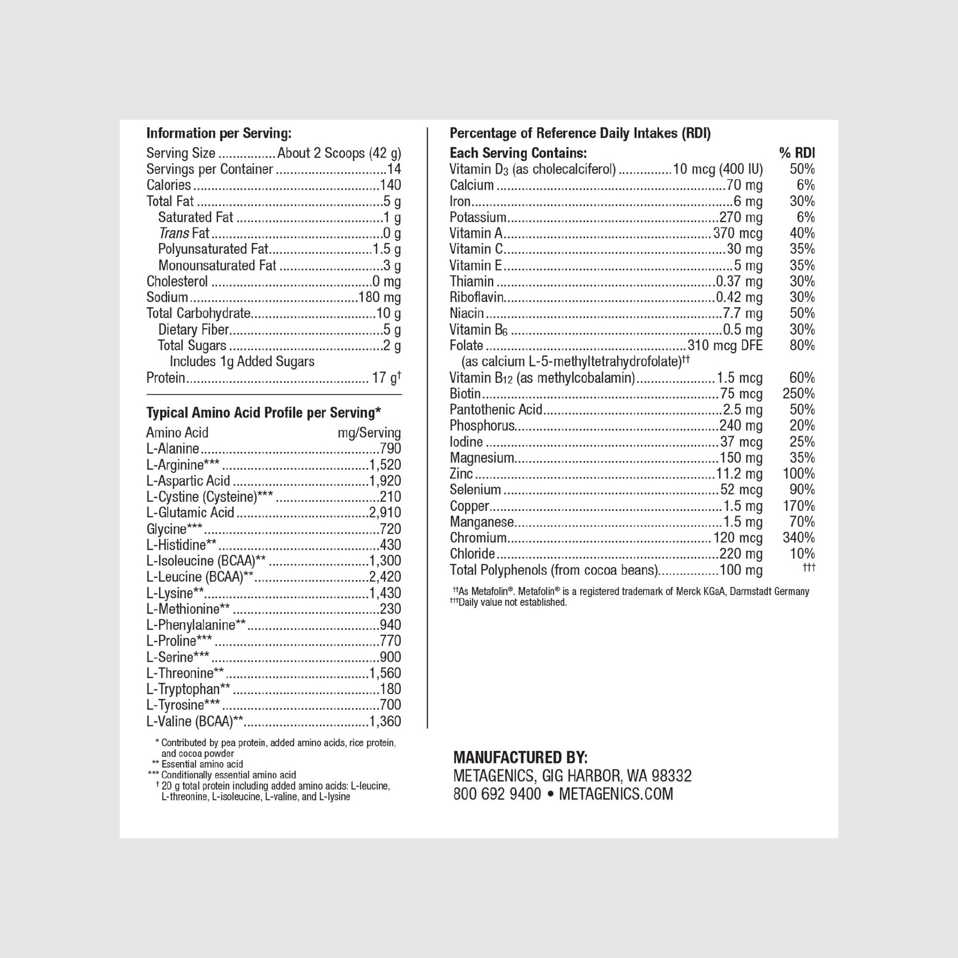 Supplement facts label for UltraMeal Advanced Protein, detailing protein, vitamins, and functional nutrients for overall health.