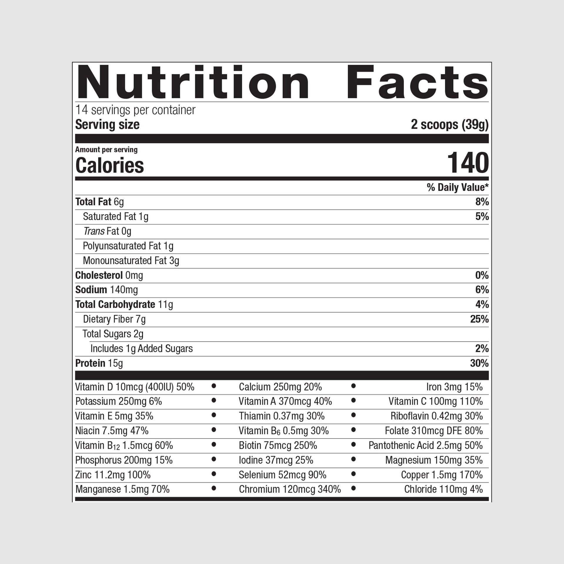 Supplement facts label for UltraMeal Daily Support, highlighting proteins, vitamins, and functional nutrients for whole-body health.