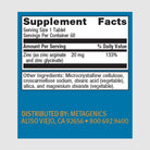Supplement facts label for Zinc A.G., featuring chelated zinc for optimal absorption and immune health.