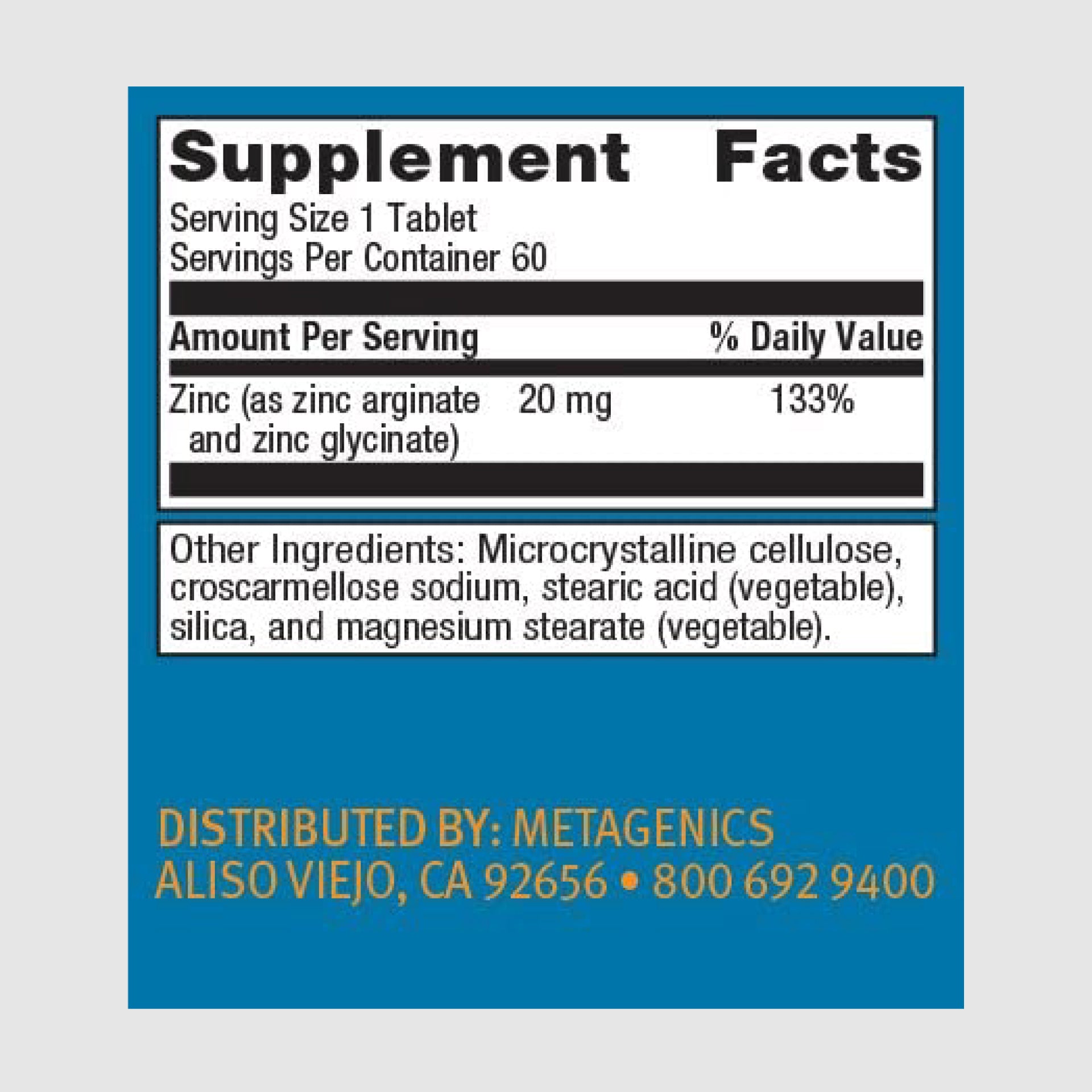 Supplement facts label for Zinc A.G., featuring chelated zinc for optimal absorption and immune health.