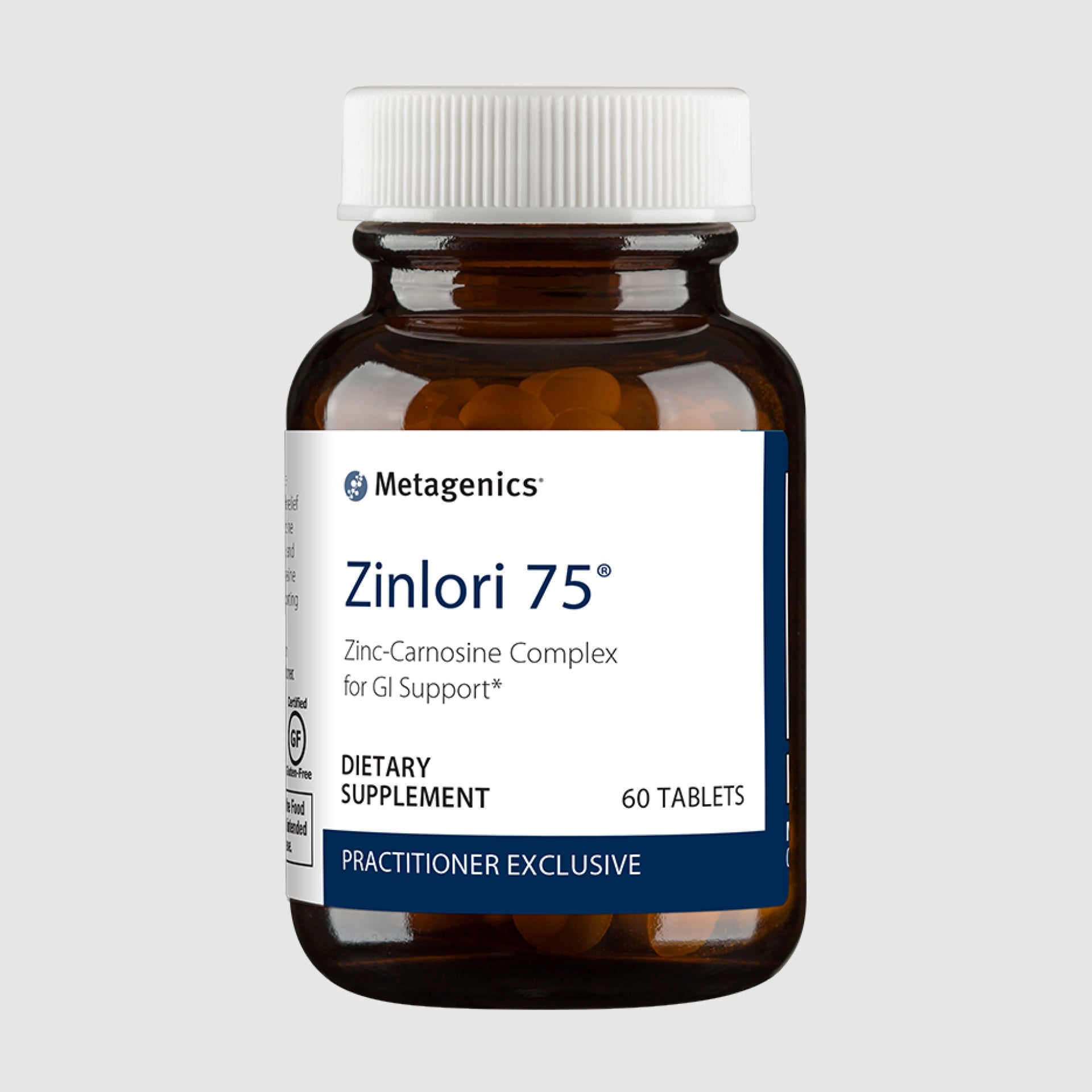 Zinlori 75 supplement bottle with 60 tablets, formulated to support stomach lining health and gastrointestinal function.
