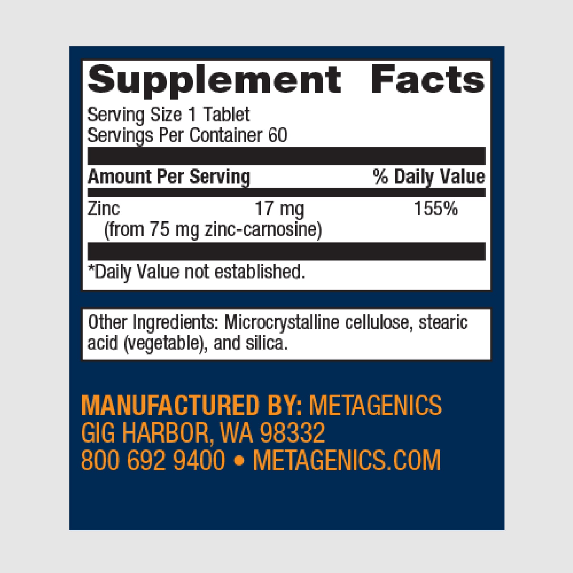 Supplement facts label for Zinlori 75, showing zinc carnosine for digestive and gut health.