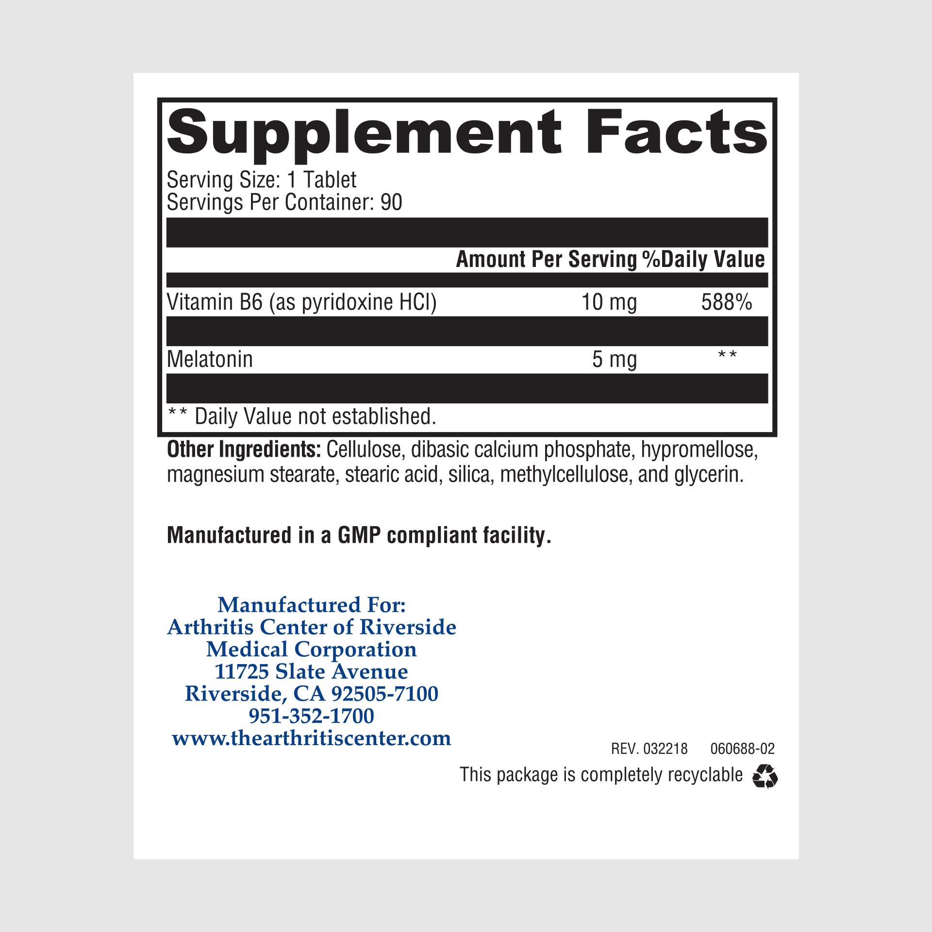Supplement facts label for ACR Melatonin CR 10mg, featuring controlled-release melatonin for extended sleep support.
